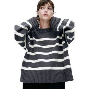 H&M Fine Knit Striped Gray and White Boxy Heavyweight Sweater Size S #1995